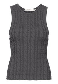 Harmaa neulehihaton toppi, jossa on teksturoitu kaapelimuotoilu, hihattomat leikkaukset ja pyöreä pääntie. Labeli näkyvissä keskiselässä.
