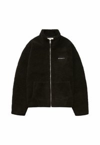 Mustat fleece-takki, jossa on korkea kaulus, vetoketjusulku, kaksi etutaskua ja "RETERNITY"-logo vasemmassa rintakehässä. Pehmeä, tekstuuriainen kangas.