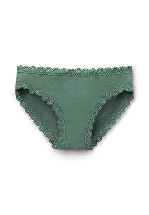 Grüne Baumwollunterhose mit Spitzenbesatz entlang des Taillenbundes und der Beinöffnungen, mit glatter Textur und femininen gewellten Kanten.
