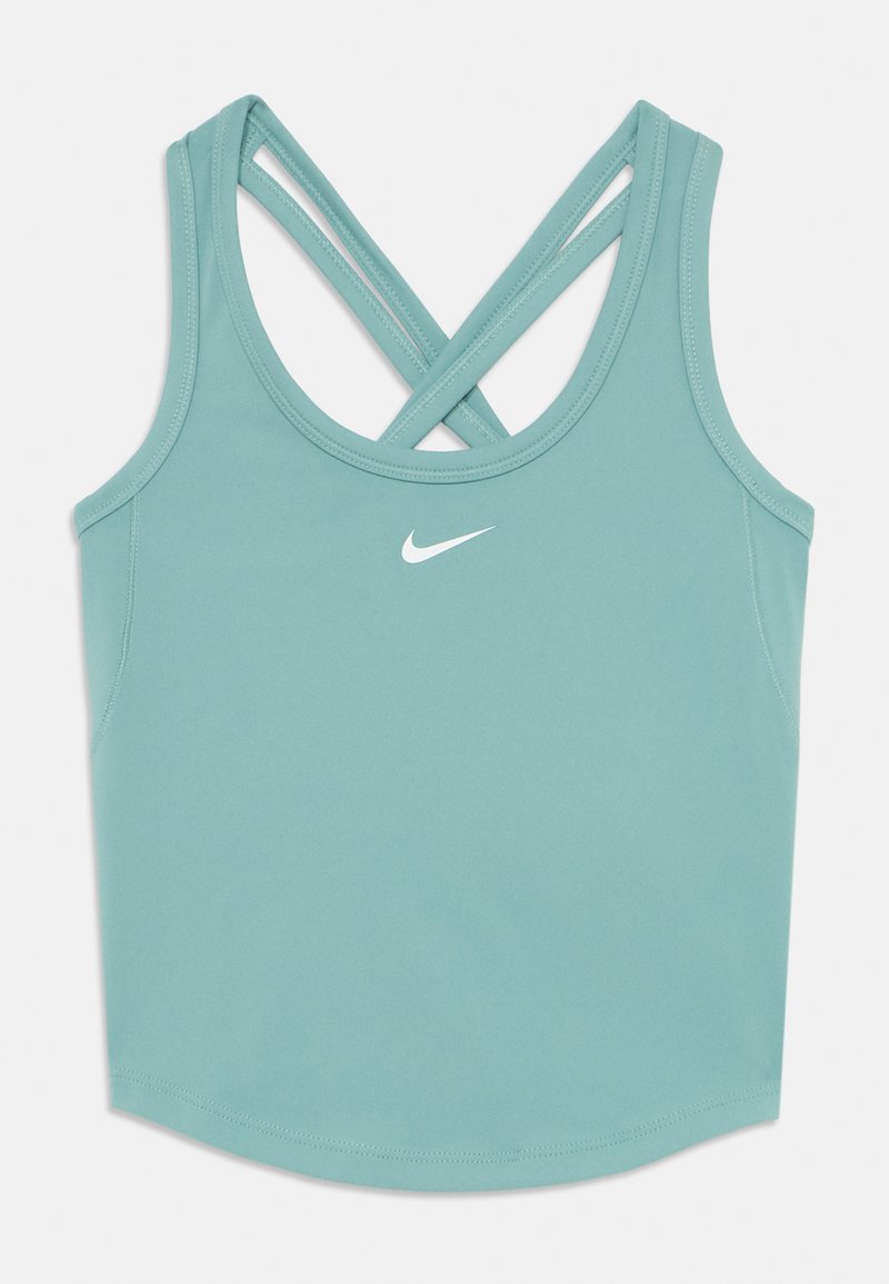 Teal trenings tank topp med myk stoff, med kryssede stropper og en liten hvit Nike-logo på forsiden. Glatt tekstur, tettsittende design.