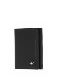 Portefeuille noir en cuir trifold avec coutures visibles et un petit logo argenté avec un emblème ailé sur le coin avant.