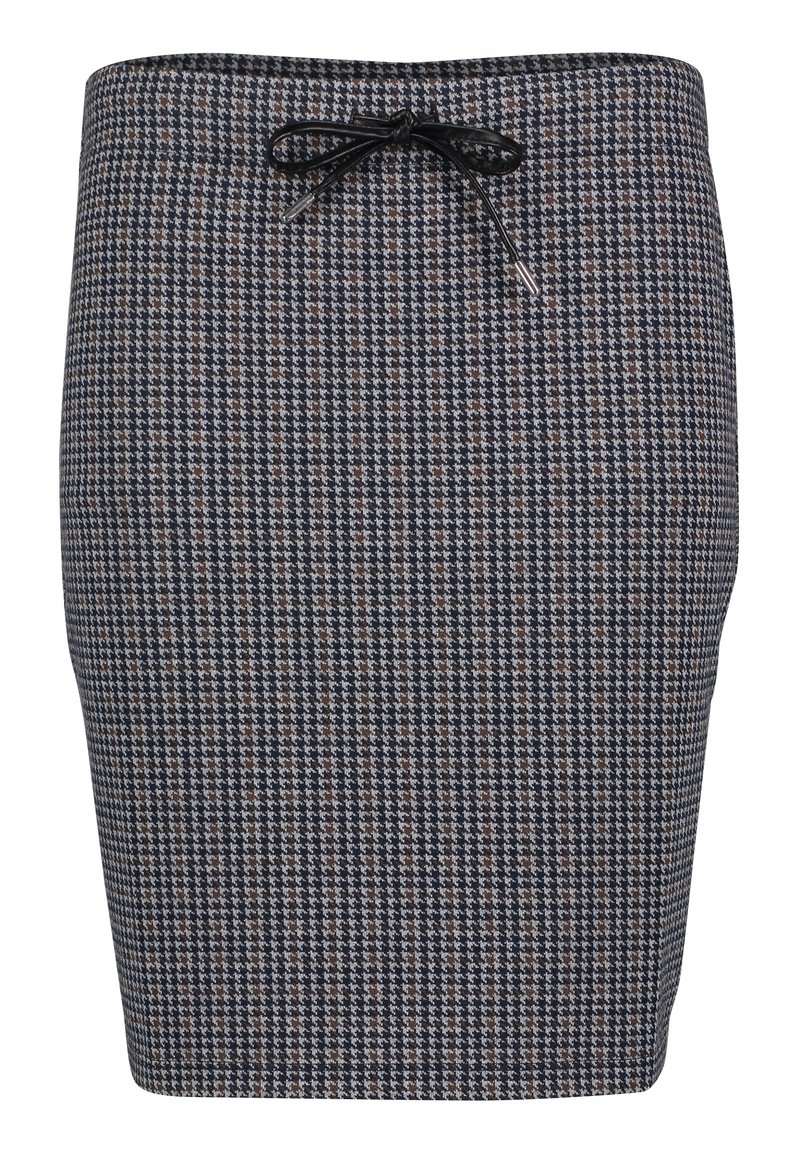 Knälångt figursytt kjol i ett strukturerat mörkblått houndstooth-mönster med ljusblå och bruna accenter. Har en svart dragsko i midjan.