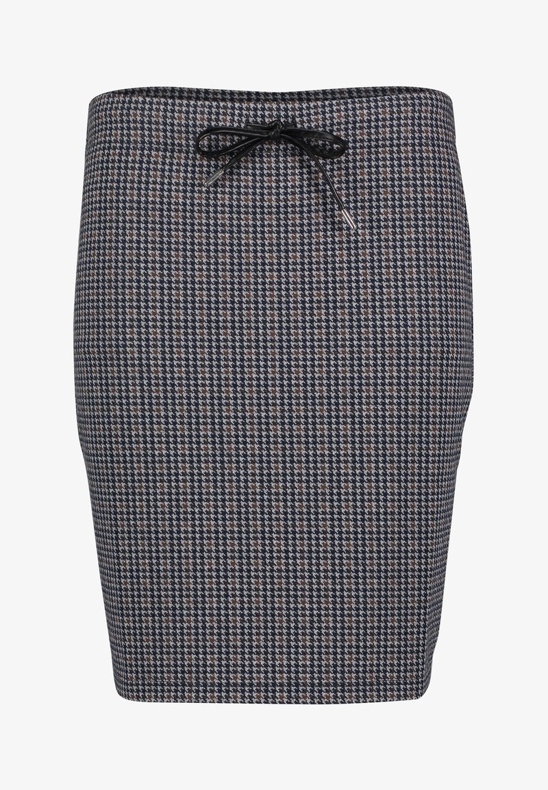 Jupe ajustée jusqu'aux genoux dans un motif pied-de-poule texturé en bleu marine foncé avec des accents bleu clair et marron. Dotée d'un cordon de serrage noir à la taille.