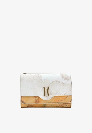 Wit en beige portemonnee met een vintage kaartenontwerp en een gouden sluiting met abstracte gebogen vormen op de voorklep.