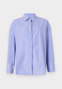 Camicia button-up blu chiaro con strisce verticali e accenti a pois. Presenta un colletto, maniche lunghe e una linea dritta. Tessuto morbido.