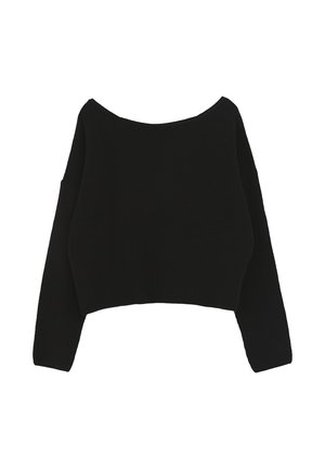 Czarny dzianinowy sweter z długimi rękawami i szerokim dekoltem typu łódka, przedstawiony na płasko na białym tle.