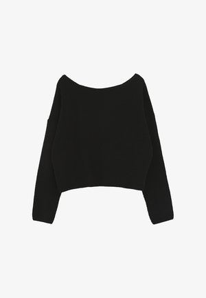 Černý pletený svetr s dlouhými rukávy a širokým výstřihem do loďky, zobrazený na plocho na bílém pozadí.