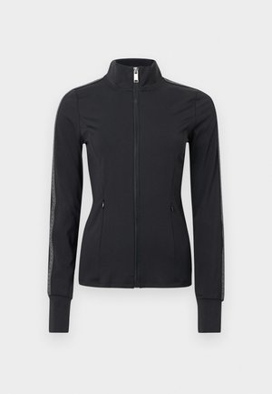 Fekete, sima szövetből készült cipzáras dzseki. Magas nyakkal, két oldalzsebbel és texturált mintával az ujjain.