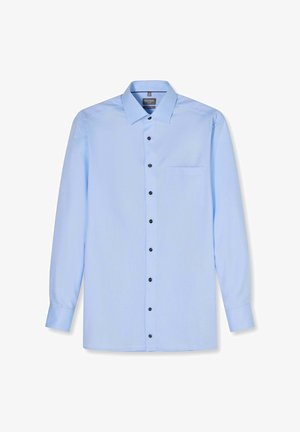Lichtblauw herenoverhemd met lange mouwen, zwarte knopen en een borstzak, voorzien van een spitse kraag en met knopen sluitbare manchetten.
