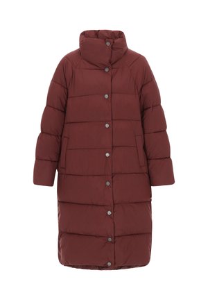 Jachetă puffer burgundy cu guler înalt, cusături orizontale, capse și două buzunare laterale. Textură netedă și design de lungime medie.