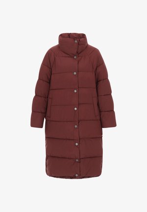 Bordeaux pufferjakke med høj krave, vandret syninger, trykknapper og to sidelommer. Glat tekstur og mellemlang design.