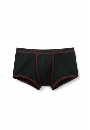 Czarne bawełniane bokserki o dopasowanym kroju z bordowymi akcentami i pasem, charakteryzujące się gładką teksturą. Wzmocnione szycie wzdłuż szwów.