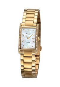 Montre en or avec un cadran rectangulaire, un cadran en nacre, des index en or et une lunette incrustée de strass. Bracelet à maillons brossés.