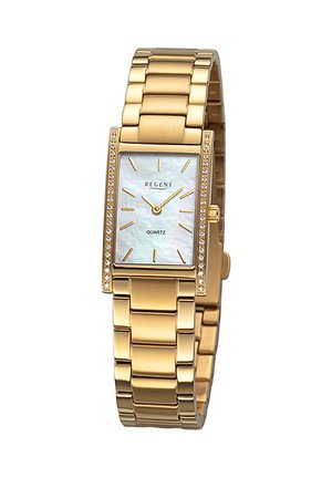 Montre en or avec un cadran rectangulaire, un cadran en nacre, des index en or et une lunette incrustée de strass. Bracelet à maillons brossés.