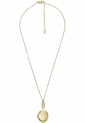 Collier chaîne en or avec pendentif médaillon rond présentant une petite rangée de cristaux sur l'anse et une fermeture à clip réglable.
