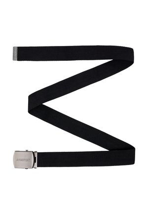 Ceinture en tissu noir avec une boucle en métal argenté élégante, comportant un logo gravé. La ceinture est plate, avec une texture lisse et un design épuré.