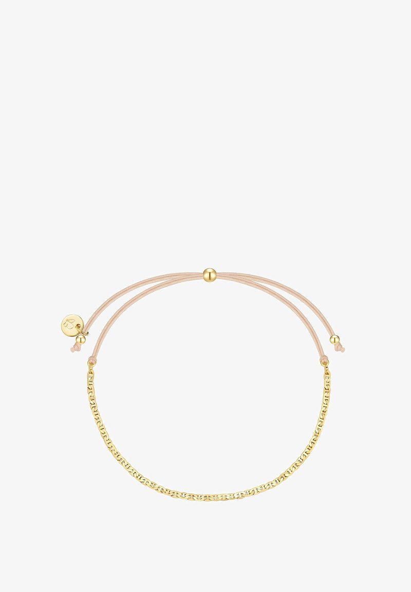 Reguliuojama apyrankė su šviesiai rožine virvele ir auksinės metalinės grandinėlės detalėmis. Apyrankę puošia mažas apvalus žavesys su logotipu ir slystantis karoliukas, leidžiantis reguliuoti dydį.