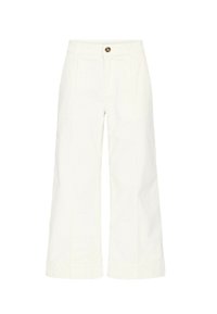 Pantalones de pierna ancha y de cintura alta en tela blanca, con cierre de botón en la parte frontal y costuras verticales para dar estructura. Sin patrones ni acentos adicionales.