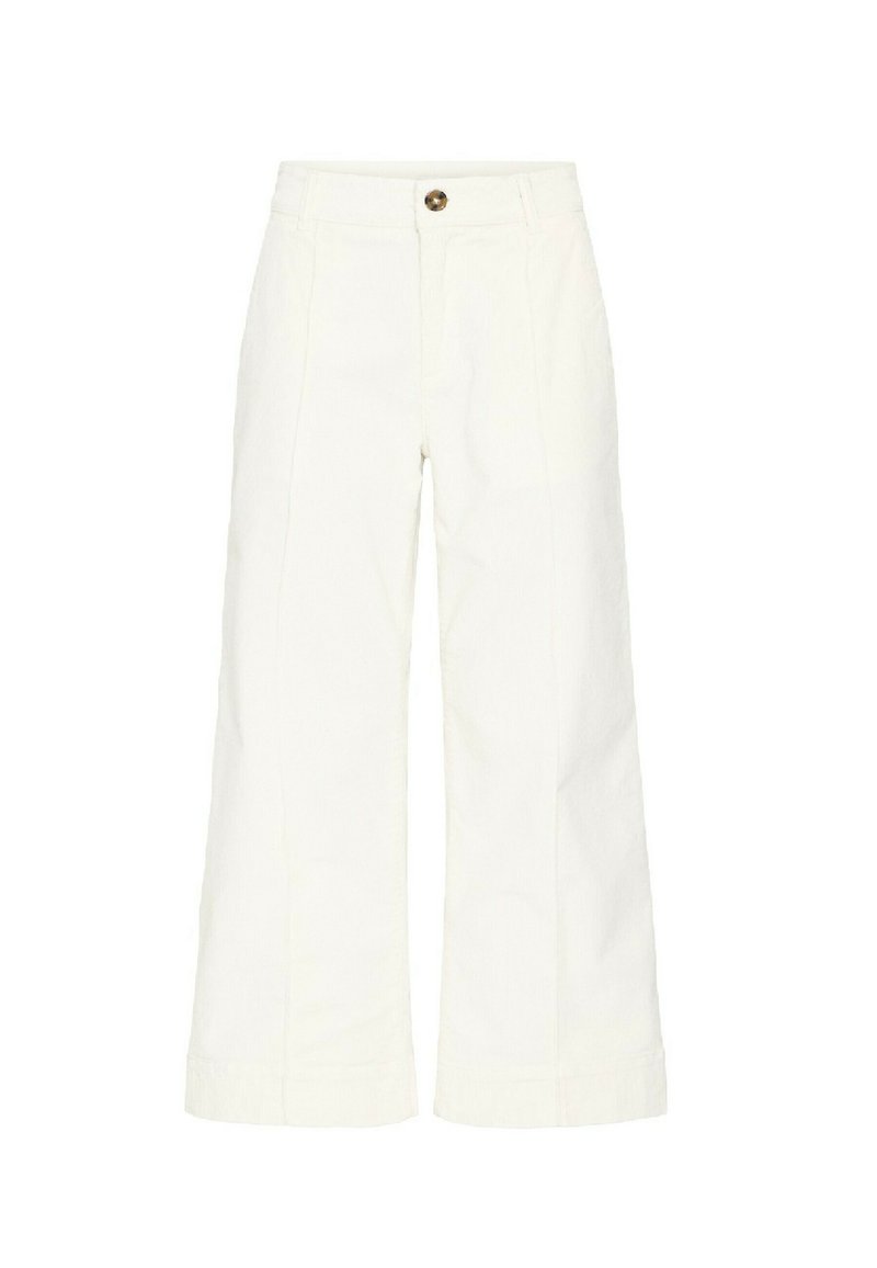 Pantalones de pierna ancha y de cintura alta en tela blanca, con cierre de botón en la parte frontal y costuras verticales para dar estructura. Sin patrones ni acentos adicionales.