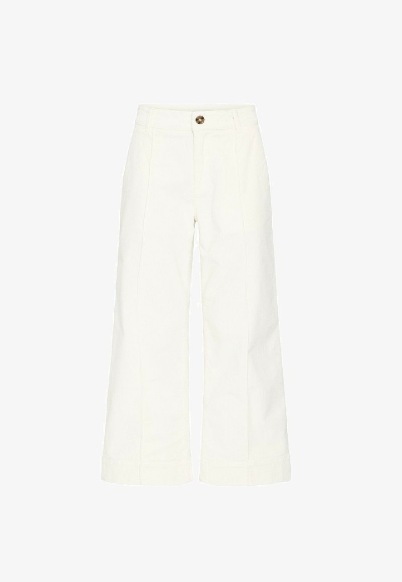 Pantaloni a gamba larga e vita alta in tessuto bianco con chiusura frontale a bottoni e cuciture verticali per struttura. Nessun motivo o dettaglio aggiuntivo.