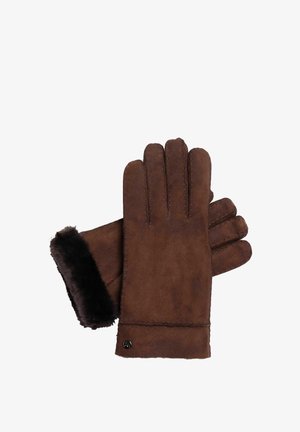 Brown suede gloves with a soft faux fur cuff, featuring a snug fit and five-finger design. Notable stitching detail along the edges.