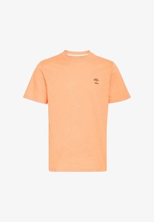 Rövid ujjú narancssárga pamut póló, kerek nyakkivágással és kis fekete ernyő grafikával a bal mellen. Sima tapintású.