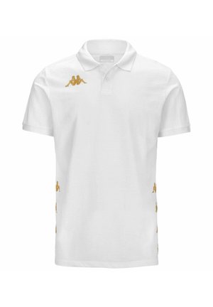 Polo bianco a maniche corte, con ricamo del logo Kappa dorato sul lato sinistro del petto e lungo i fianchi. Materiale in cotone, vestibilità classica.