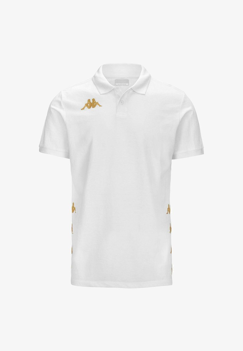Polo shirt blanc à manches courtes, avec un logo Kappa brodé en or sur la poitrine gauche et le long des côtés. Matériau en coton, coupe classique.