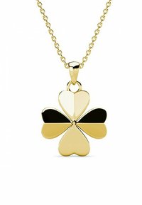 Collana d'oro con pendente a quadrifoglio, composto da due foglie a forma di cuore dorate e due nere, finitura lucida e catena sottile.