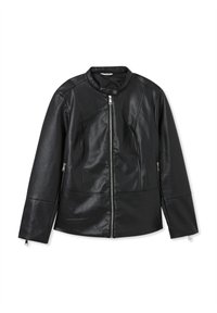 Giacca in ecopelle nera con zip frontale, colletto rialzato con bottone a scatto, tasche laterali con zip e maniche lunghe con polsini zippati.