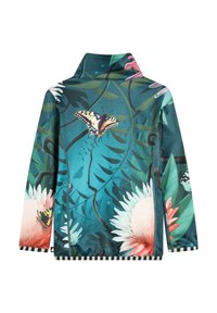 Langærmet bluse lavet af letvægtsstof med en blå-grøn bund, blomster- og sommerfuglemotiv samt en stribet kant.
