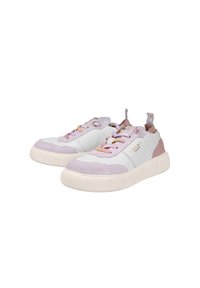 Sneakers na sznurowadła w białej skórze z pastelowymi akcentami. Posiadają teksturowany fioletowy czubek i żłobioną podeszwę dla lepszej przyczepności.