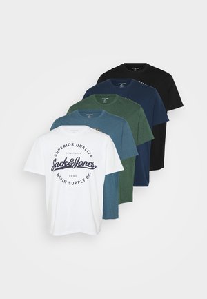 Set of five cotton t-shirts in various colors: white, dark green, navy blue, teal, and black. Features a logo on the white shirt.