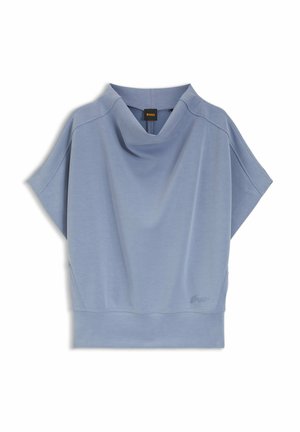 Light blue short-sleeve top with a draped neckline, soft cotton blend fabric, and subtle stitching details. Features relaxed fit design.