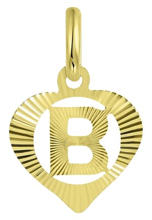 Goudkleurige hartvormige hanger met een centrale "B" letter, voorzien van een ribbelstructuur en een gladde, gepolijste afwerking.