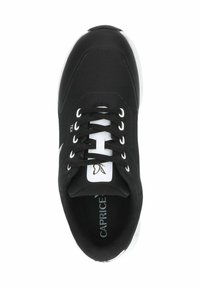 Black athletic shoe with synthetic upper, white laces, and logo on tongue. Rounded toe and white outsole. Textured fabric design.