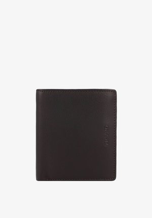 Portefeuille en cuir brun avec une texture lisse, design plié en deux et un logo discret embossé à l'avant. Les bords cousus renforcent la durabilité.