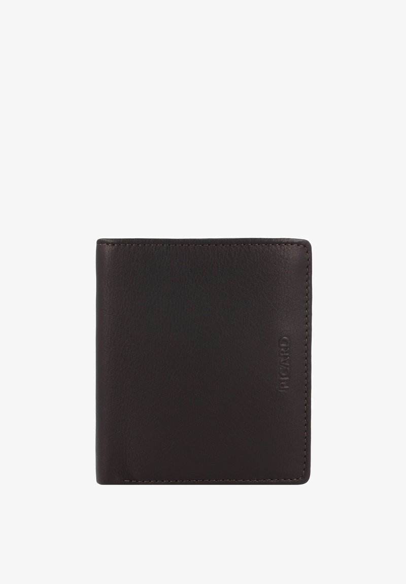 Portafoglio in pelle marrone con una texture liscia, design a due lati e un logo sottile impresso sul davanti. I bordi cuciti ne aumentano la durabilità.