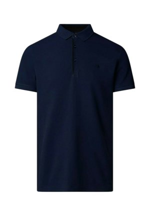 Polo a maniche corte blu navy con tre bottoni e un piccolo logo ricamato sul petto a sinistra.
