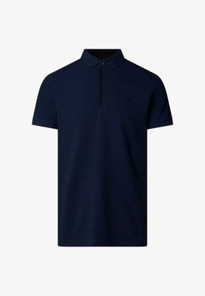 Granatowy polo z krótkim rękawem, trzema guzikami i małym haftowanym logo na lewej piersi.