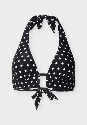 Schwarzes Neckholder-Bikinioberteil mit weißen Polka-Dots, zum Binden am Hals und Rücken, mit einem kleinen Ausschnitt vorne.