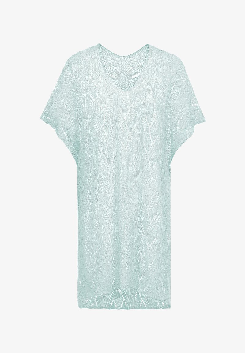 Világos teal színű, kötött, rövidujjú felső, V-nyakkal, nyitott szövettel és a textúrázott díszítő zig-zag mintázattal az egész felületen.