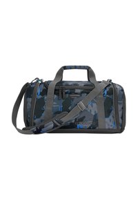 Blau- und graues Tarnmuster-Sport-Duffel-Bag mit doppelten Griffen, verstellbarem Schultergurt, mehreren Reißverschlussfächern und Coocazoo-Branding.
