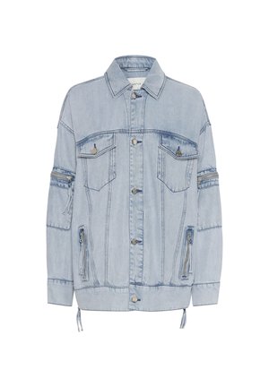 Light blue denim jacket with a relaxed fit, four front pockets, silver hardware, and zippered side details. Features drawstring hem and seams.