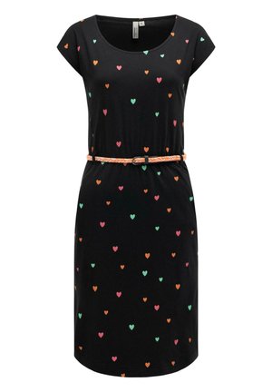 Sort knælængde kjole med korte ærmer, flerfarvet hjerteprint og et orange og hvidt vævet bælte i taljen.