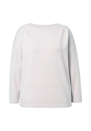 Helle rosa Langarmpullover mit Bootsausschnitt und dezenten Lochmustern entlang des Kragens und der Ärmel.