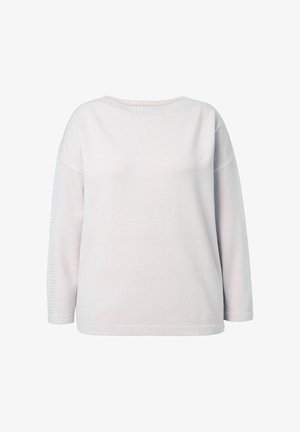 Jasnoróżowy sweter z długim rękawem, z dekoltem w łódkę i subtelnym perforowanym wykończeniem wokół szyi i rękawów.