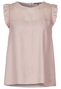 Růžová bezramenní blůza s kulatým výstřihem, průsvitnou horní částí a volánkovými detaily na ramenou. Vyrobeno z lehkého materiálu.