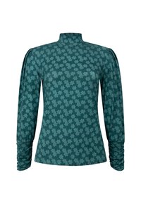 Blusa lunga teal con collo alto, motivo floreale, spalle a sbuffo e polsini arricciati.