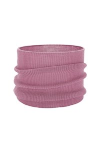 Gebreide roze nekwarmer met een zachte, geribbelde textuur. Heeft een buisvorm met samengevoegde plooien, ontworpen voor warmte en comfort.